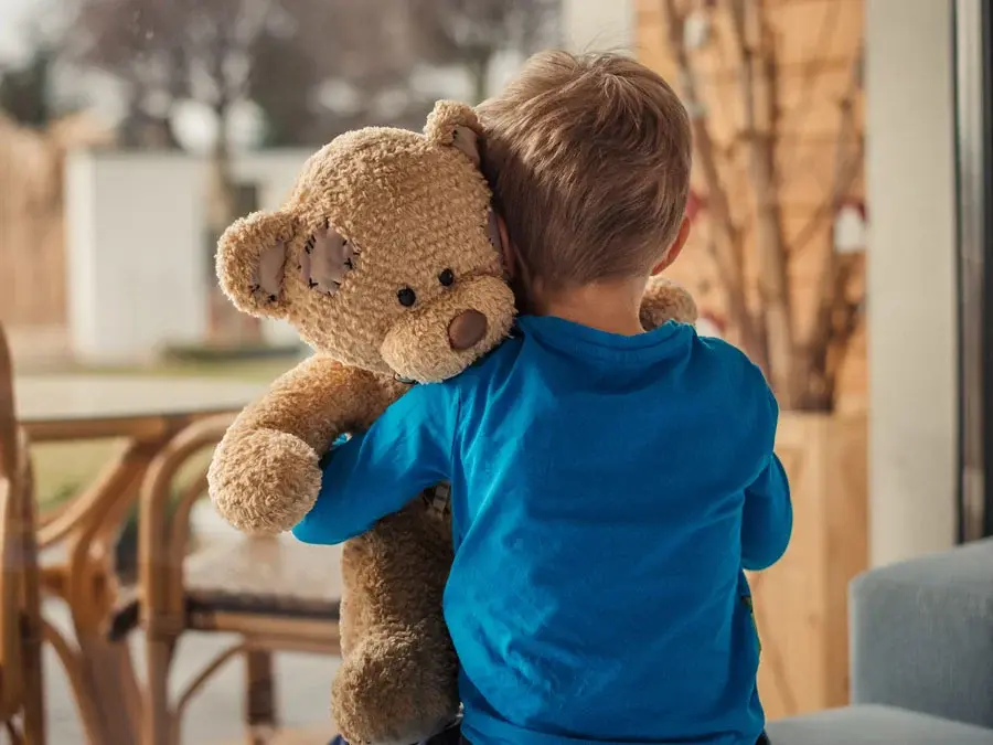 Wir sehen ein Kind mit einem großen Teddybär von hinten.